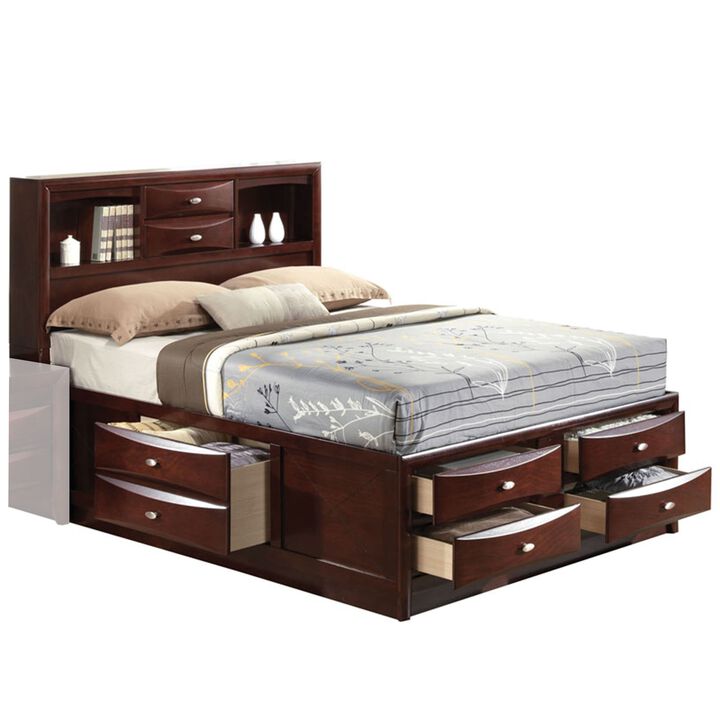 Panel Design Queen Size Bed with Bookcase and Drawers, Brown