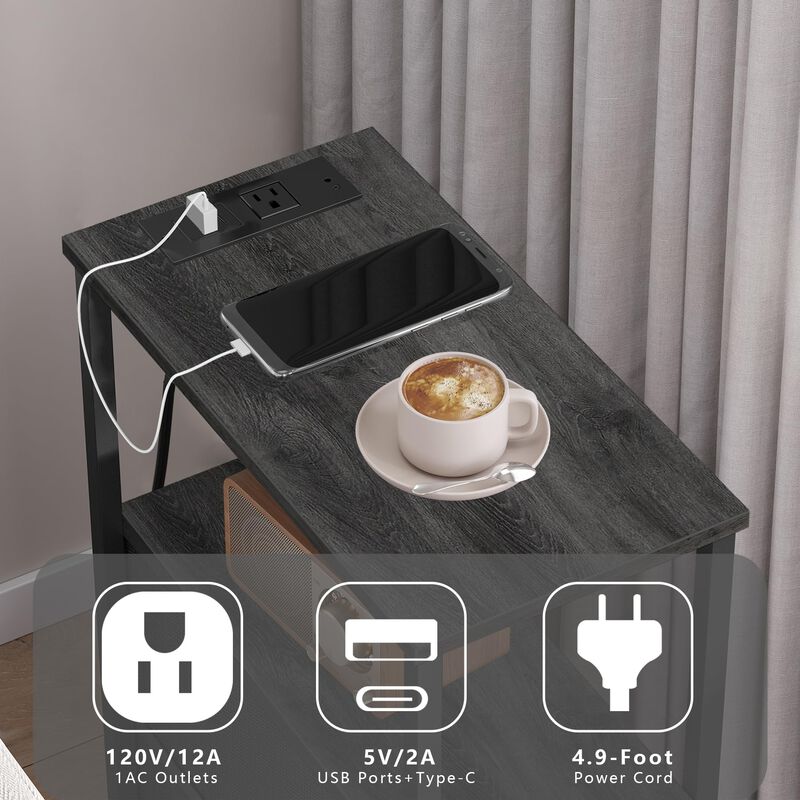 TUTOTAK Small Narrow End Table with Charging Station, Set of 2, Side Table with Outlets, Nightstand with 2 Cloth Drawers, Couch