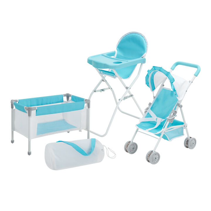 Olivia's Little World Baby Doll 3pc Nursery Set - Crib, High Chair & Stroller, Blue & White
