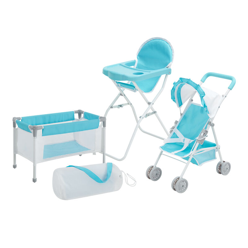 Olivia's Little World Baby Doll 3pc Nursery Set - Crib, High Chair & Stroller, Blue & White image number 1