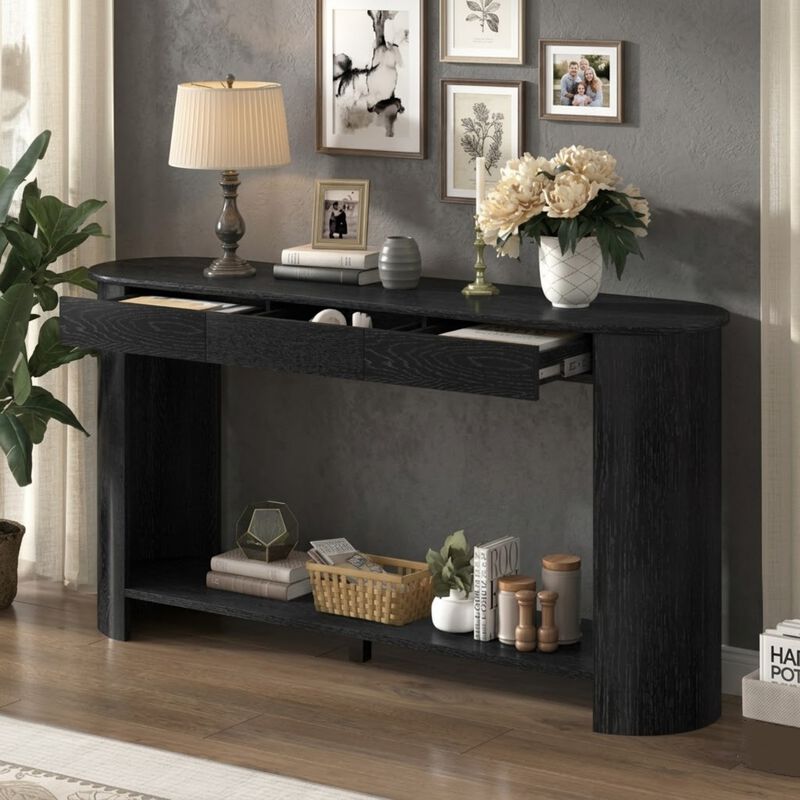 Whisen 59.8" Console Table, Modern Farmhouse with 3 Drawers & Shelf, Oak Veneer Sofa Table for Entryway Living Room Hallway image number 1