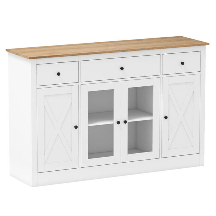 55 Inch Kitchen Sideboard Buffet Cabinet with 3 Drawers Glass Doors and Shelves