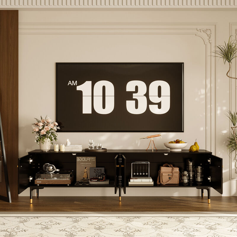 FUFU&GAGA Modern TV Stand with Large Storage Capacity, Formed Geometric Embossing and Gold Conical Handles, (78.7 in. W x 15.7 in. D x 22 in. H), Black