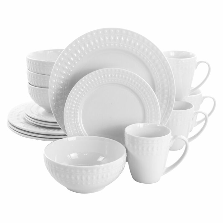 Elama Cara 16 Piece Round Porcelain Dinnerware Set in White