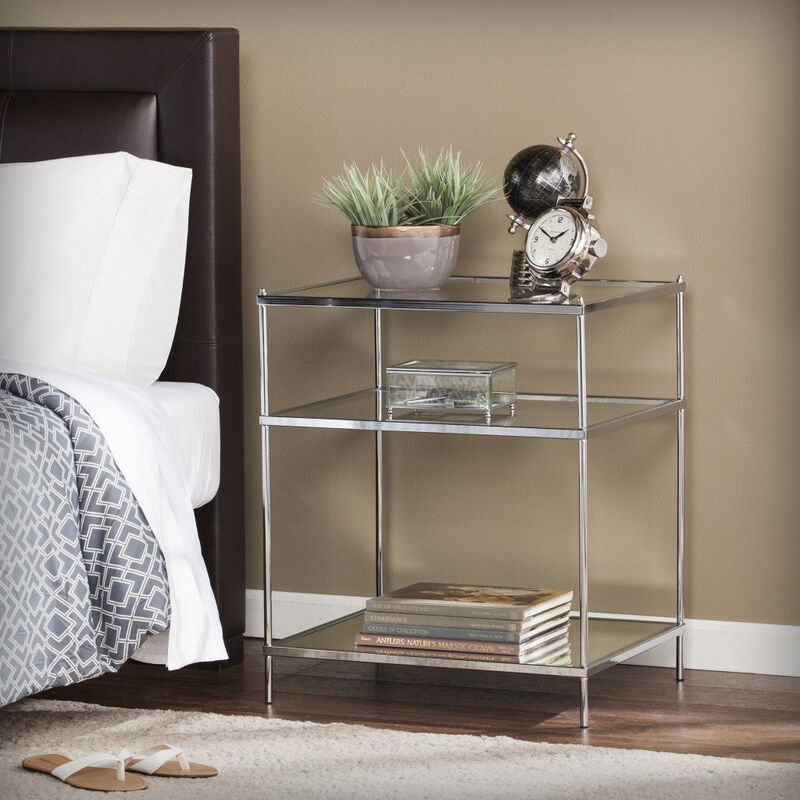Homezia 27" Chrome Glass And Iron Rectangular Mirrored End Table With Shelf