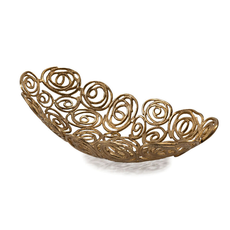 HomeRoots 20" Gold Aluminum Abstract Circles Oval Decorative Bowl image number 0