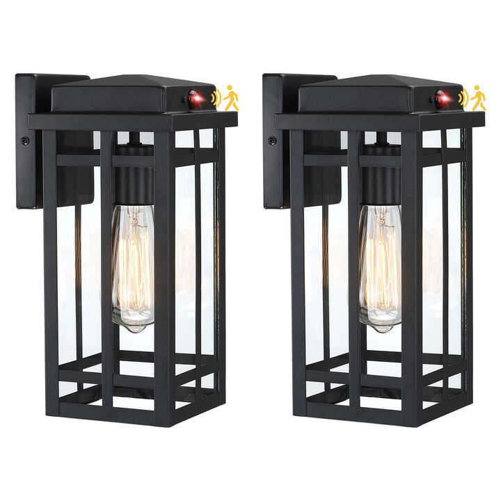 2-Pack 12 in. Modern Black Motion Sensor Outdoor Wall Lanterns with Clear Glass