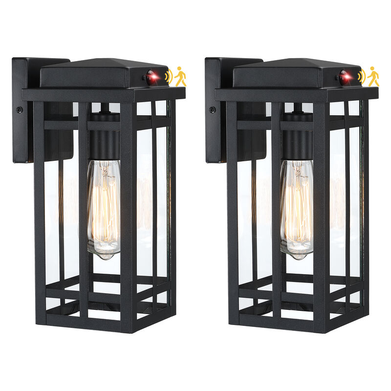 2-Pack 12 in. Modern Black Motion Sensor Outdoor Wall Lanterns with Clear Glass image number 0