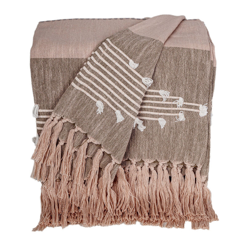 HomeRoots 50" X 60" Brown and Tan Woven Cotton Striped Throw Blanket with Fringe and Embroidery image number 2
