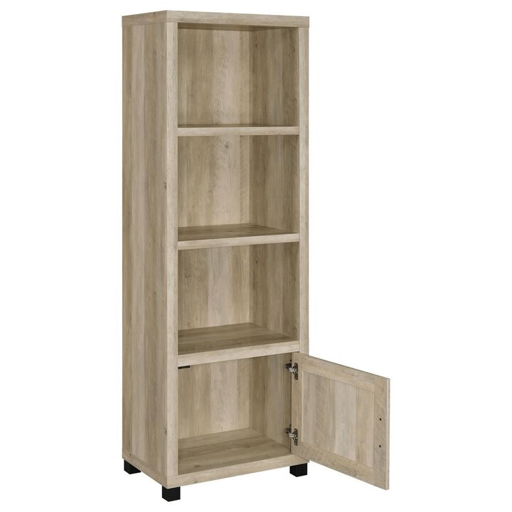 Sac 71 Inch Media Pier Tower with 3 Shelves and Cabinet, Antique Pine Wood - Benzara