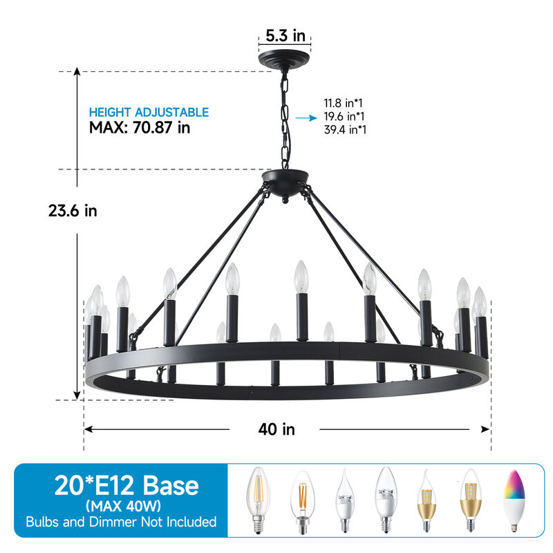 ELEMENT ACE 20-Light Extra Large Wagon Wheel Chandelier for High Ceilings, Ideal for Dining Room, Living Room, Kitchen, Bedroom and Porch Indoor Hanging Lighting image number 2