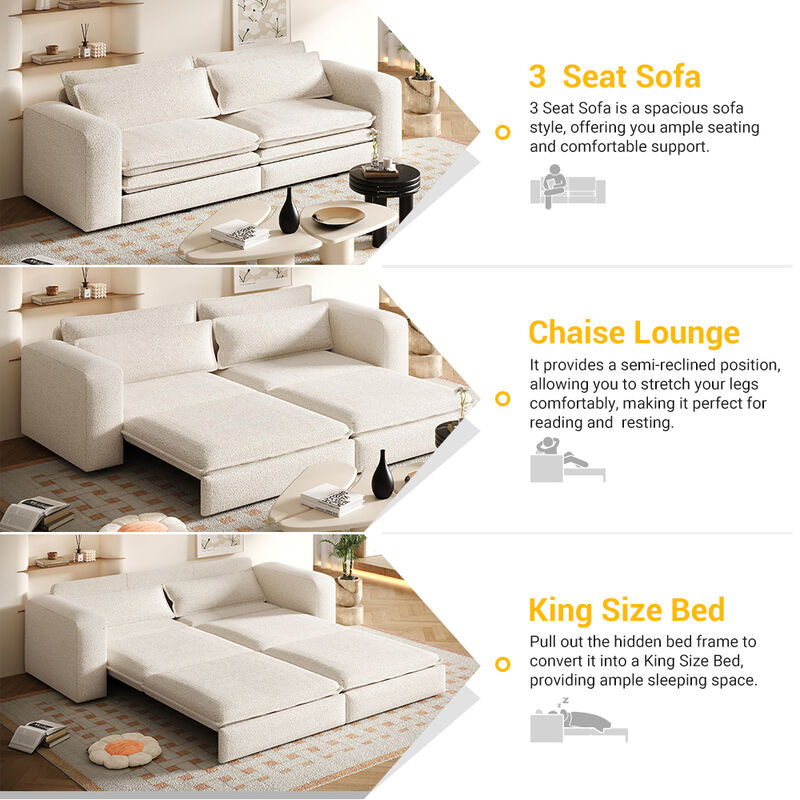 Whisen 93" King Size Sleeper Sofa, 3-Seat Teddy Fabric Convertible Couch with 2 Lumbar Pillows image number 3