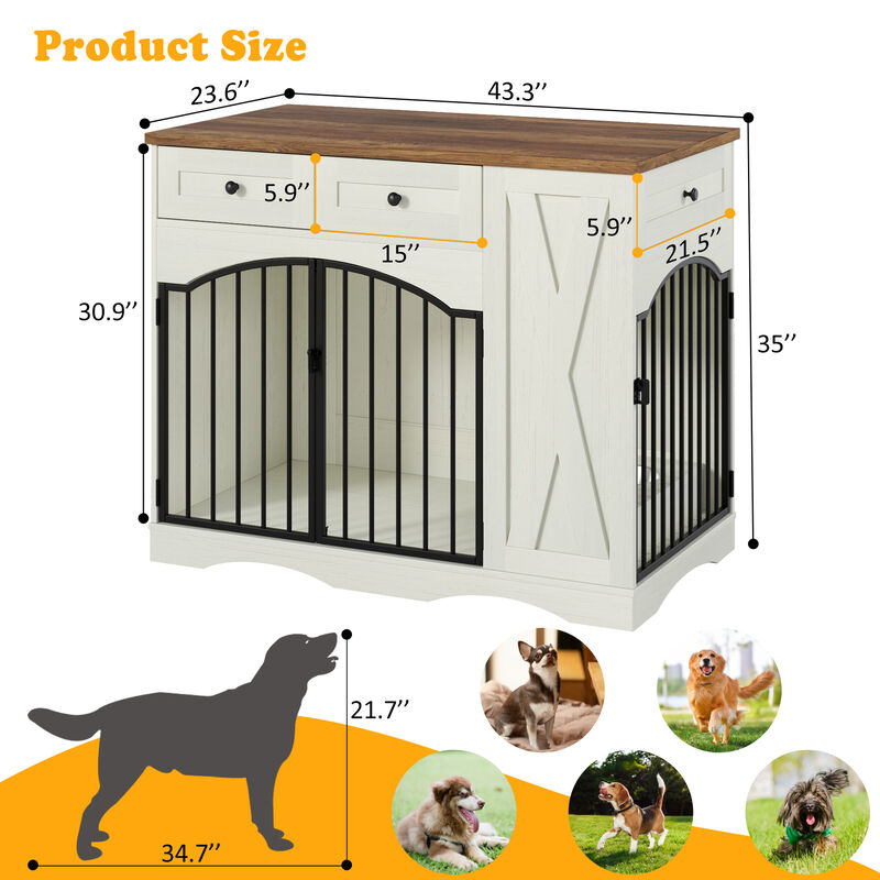Whisen 43.3" Indoor Wooden Cabinets, Dog Kennel with 3 Drawers and Removable Feeder image number 9