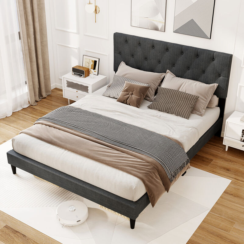 Upholstered Platform Bed with Tufted Headboard and Sturdy Wooden Slats
