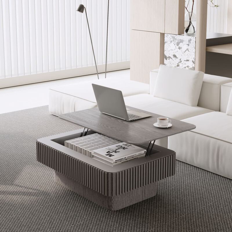 Rectangular lift top coffee table Coffee table with hidden storage and soft close Fluted MDF and solid wood veneer coffee table image number 3