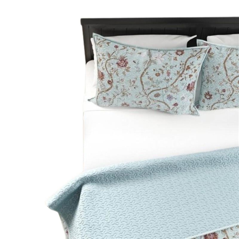 Hivvago King size 3 Piece Farmhouse Blue Teal Floral Vines Cotton Reversible Quilt Set