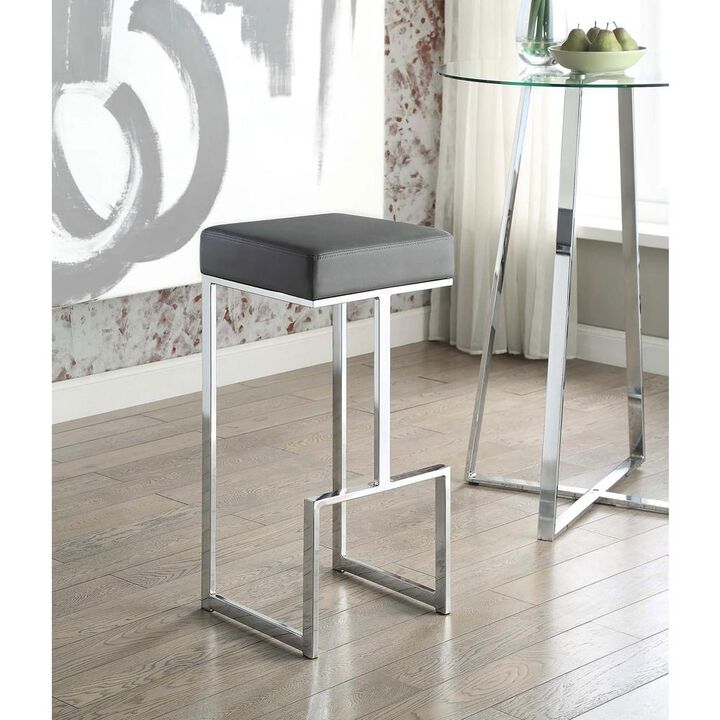 31 Inch Modern Bar Stool, Vegan Faux Leather, Backless, Chrome, Silver