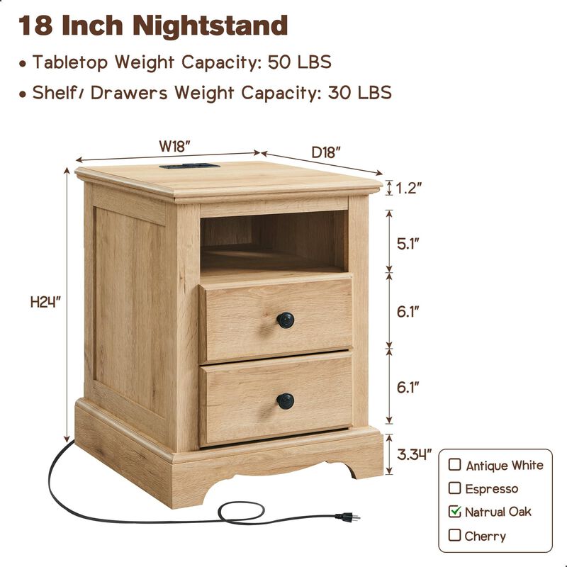 T4TREAM Nightstand with Charging Station Set of 2, Wood Rustic Sofa Side Table with Open Storage Shelf for Bedroom, 18 Inch Vint