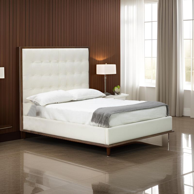 Cid Jess King Platform Bed, Tufted Faux Leather Upholstery, White, Brown - Benzara