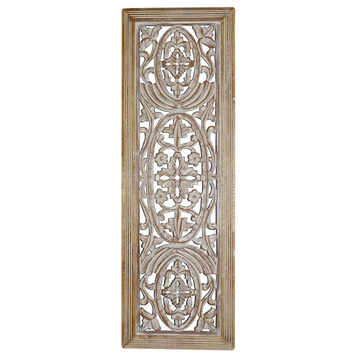 Rectangular Mango Wood Wall Panel Hand Crafted With Intricate Carving, White and Brown-Benzara