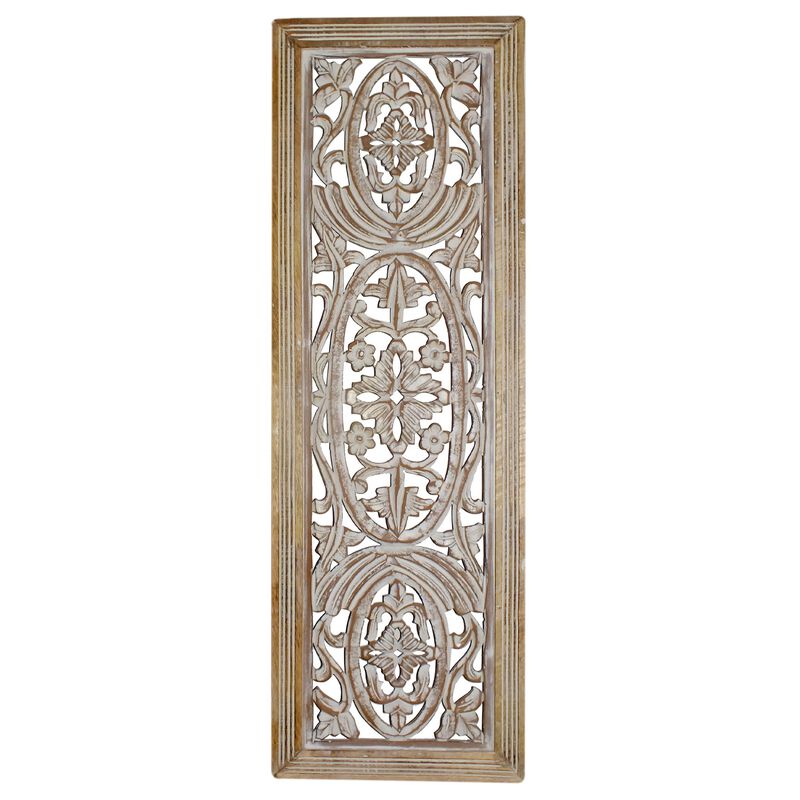 Rectangular Mango Wood Wall Panel Hand Crafted With Intricate Carving, White and Brown-Benzara image number 0