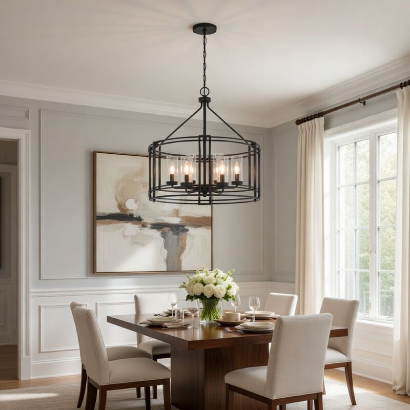 6 Light Chandelier, Caged Round Oval, Glass Shades, Black Metal 24 Inch image number 8