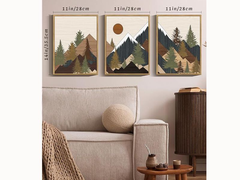 11×14" Mountain Landscape Wall Art – Sunrise Forest Prints, Rustic Natural Frame (Set of 3)