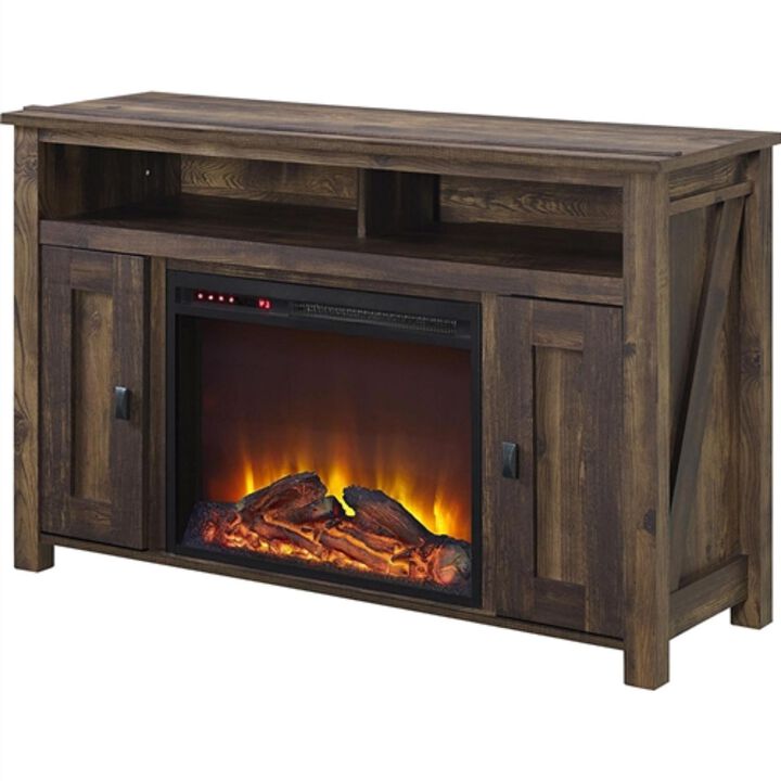 50 inch TV Stand in Medium Brown Wood with 1,500 Watt Electric Fireplace