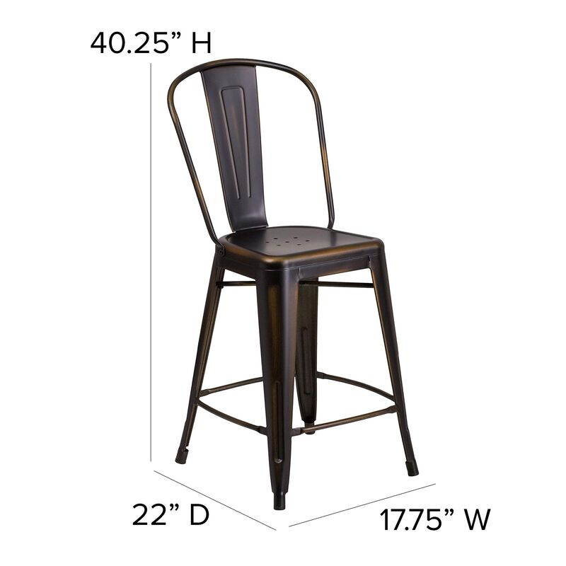 Flash Furniture Carly Commercial Grade 24" High Distressed Copper Metal Indoor-Outdoor Counter Height Stool with Back