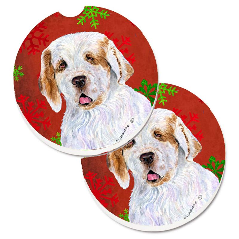 Caroline's Treasures Clumber Spaniel Red & green Snowflakes Holiday Christmas Set of 2 Cup Holder Car Coasters SS4707CARC, 2.56, Multicolor image number 0