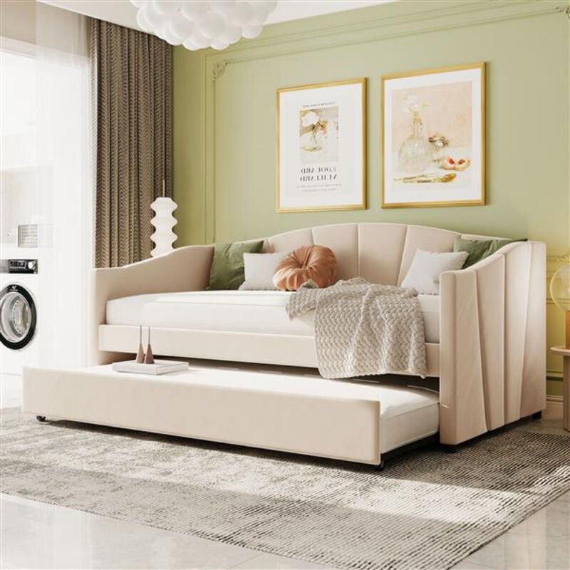Sofa Bed with Upholstered Frame Twin Trundle and Wood Slat Support