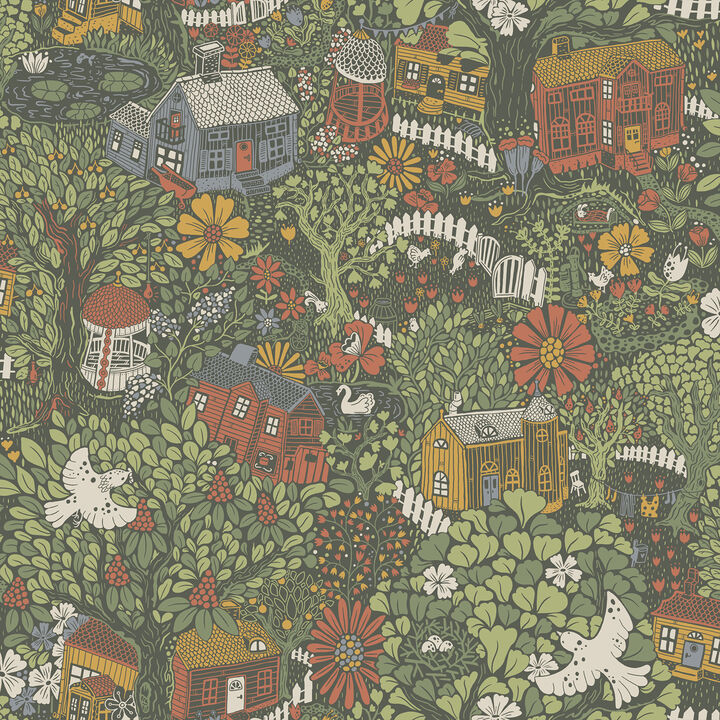 Bygga Bo Green Woodland Village Wallpaper (Set of 2)