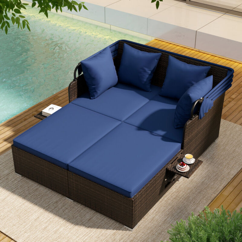 Patio Rattan Daybed with Adjustable Canopy and Built-In Side Tables image number 4