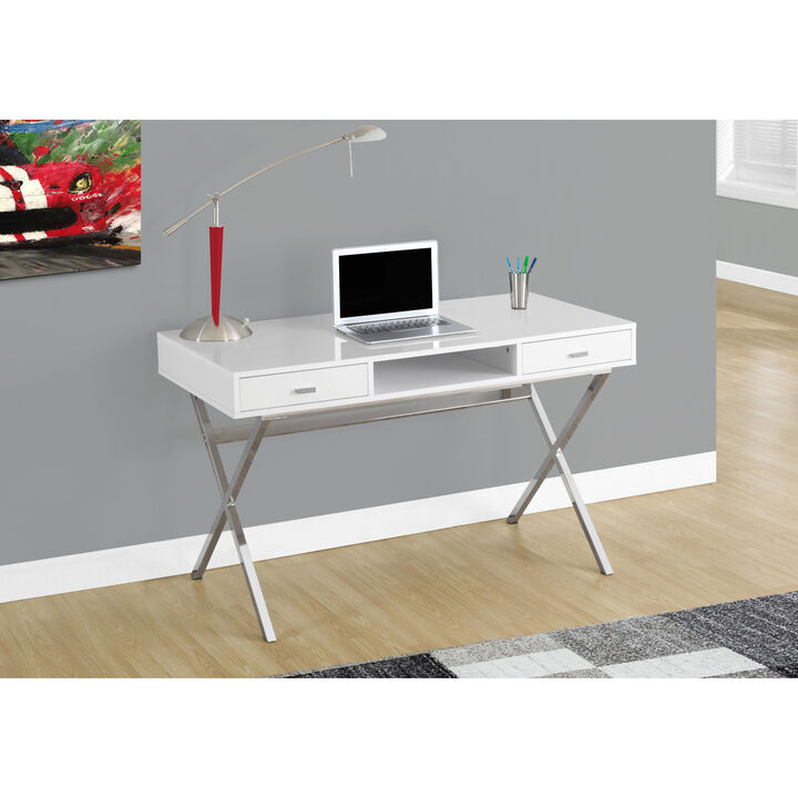 Monarch Specialties I 7211 Computer Desk, Home Office, Laptop, Storage Drawers, 48"L, Work, Metal, Laminate, Glossy White, Chrome, Contemporary, Modern