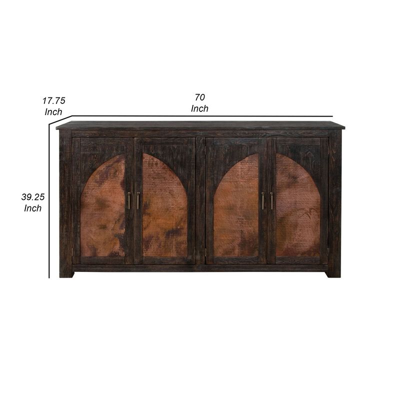 Brun 70 Inch Sideboard Console, 4 Copper Doors, Pine Wood Frame, Deep Brown
