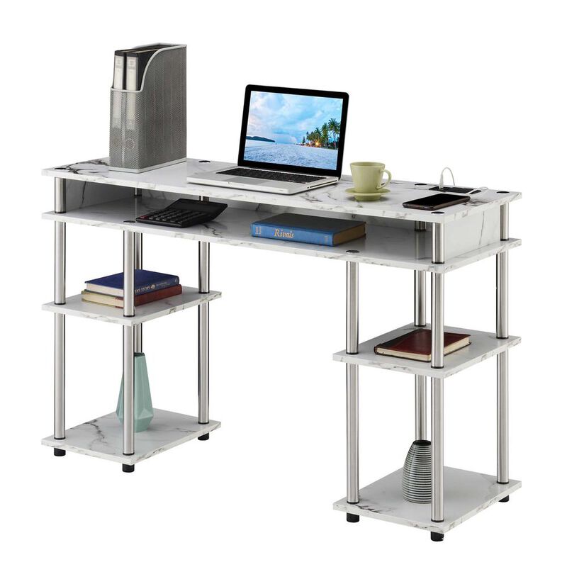 Convenience Concepts Designs2Go No Tools Student Desk With Charging Station, White Marble