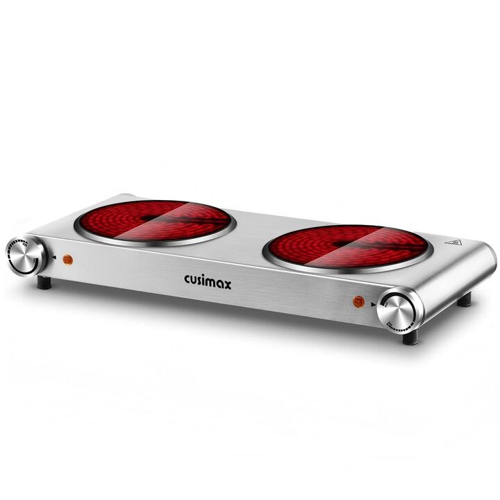 Cusimax 7.1 inch Portable Electric Hot Plate, 1800W Glass Dual Countertop Electric Cooktop, Stainless Steel Infrared Electric Stove