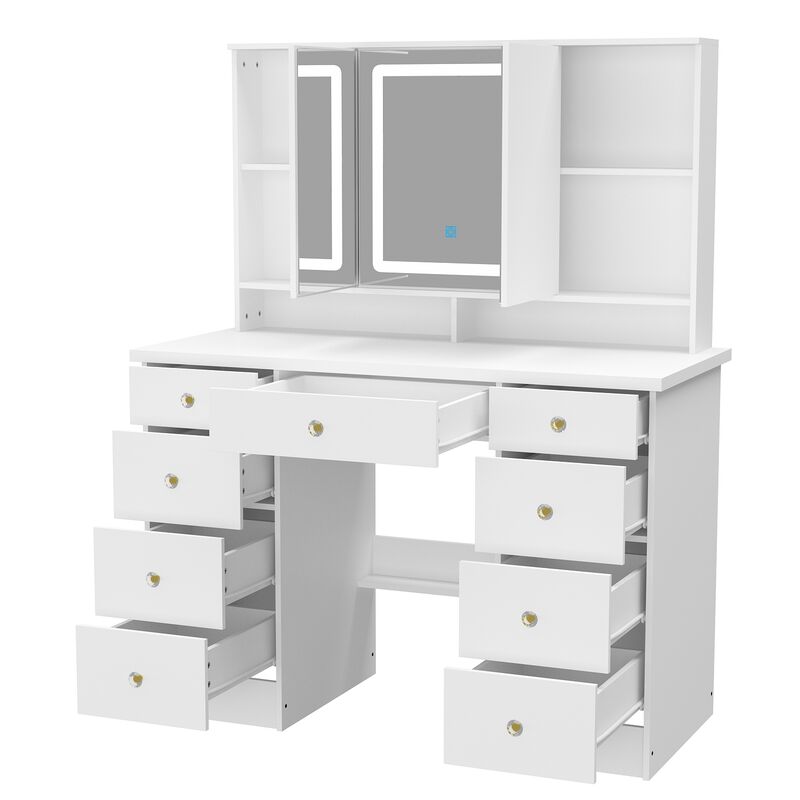 FUFU&GAGA Modern White Makeup Vanity Desk with 9 Drawers, LED Lighted 3 Mirrors, and Hidden Storage Shelves, (43.3 in. L x 19.7 in. W x 53.8 in. H), White