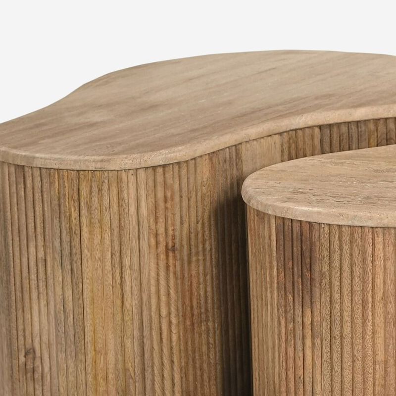 Cid Ata Coffee Table Set of 3, Beige Marble, Artisan Solid Mango Wood image number 3