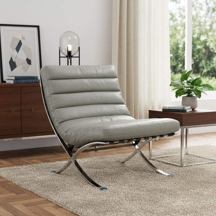 HomeRoots 29" Gray and Silver Tufted Leather and Upholstered Folding Lounge Chair