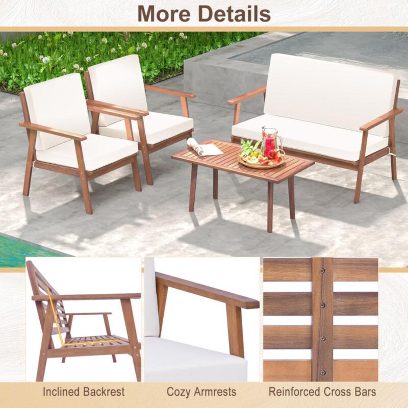 Hivvago 4 Piece Outdoor Acacia Wood Conversation Set with Soft Seat and Back Cushions