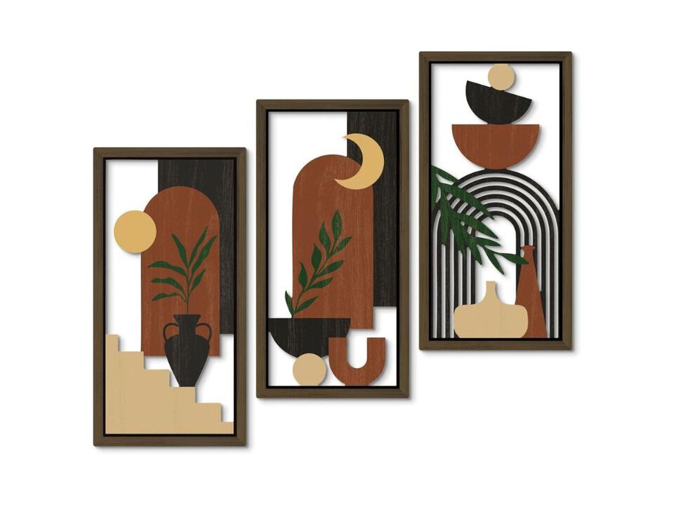 Boho Wall Art 3 Piece Wooden Minimalist Terracotta Decor for Living Room Bedroom
