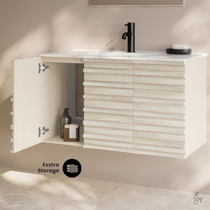 Cascade 36" Wall-Mounted Bathroom Vanity in White Oak with Sink Top image number 2