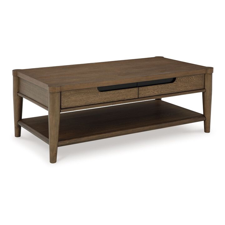 Howie Cocktail Coffee Table, 2 Drawers, 50 Inch Rustic Brown Wood