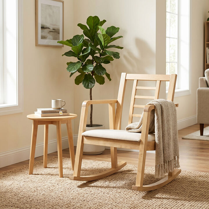 Wooden Rocking Chair Upholstered Seat Ladder Back Living Room Accent Seating