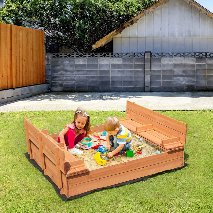 Wooden Outdoor Sandbox with Foldable Benches, Sand Pit with Bottom Liner for Boys and Girls-Natural
