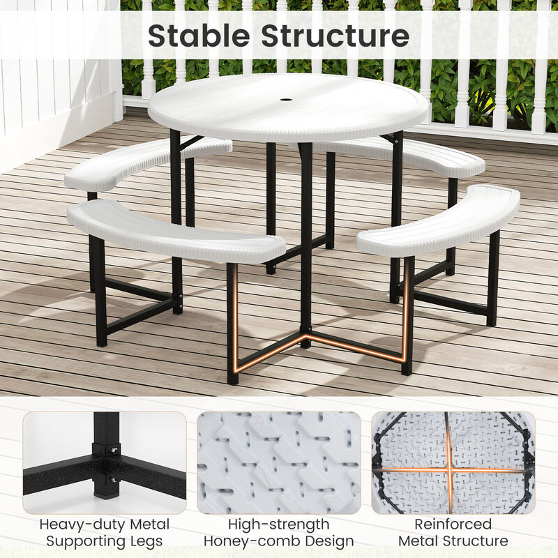 Round Picnic Table Set with 4 Benches and Umbrella Hole &ndash; Outdoor Patio Dining