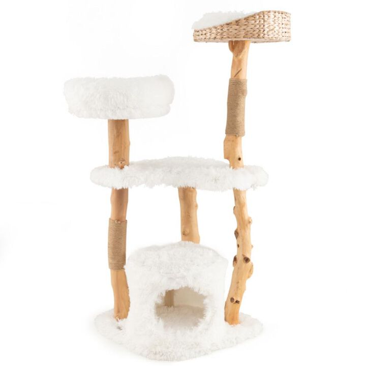 Hivvago Solid Wood Cat Tower with Top Cattail Basket Cat Bed