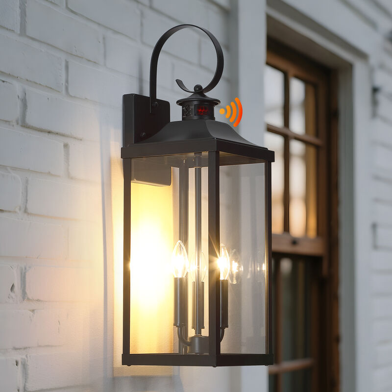 24 in. Modern Farmhouse Black 3-Light Dimmable Outdoor Wall Lantern with Clear Glass Shade image number 1