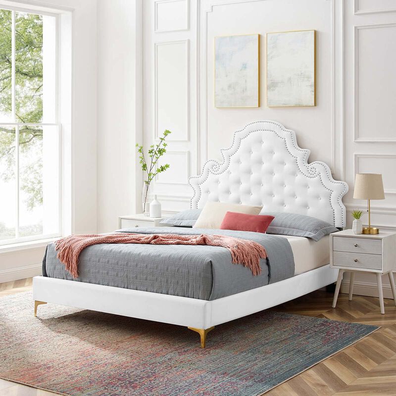 Modway Gwyneth Tufted Performance Velvet Twin Platform Bed in White with Gold Metal Legs image number 1